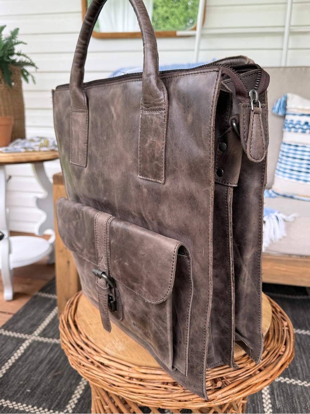 Lederzar Brown/Grey Leather Laptop Travel Tote Carryall Bag
